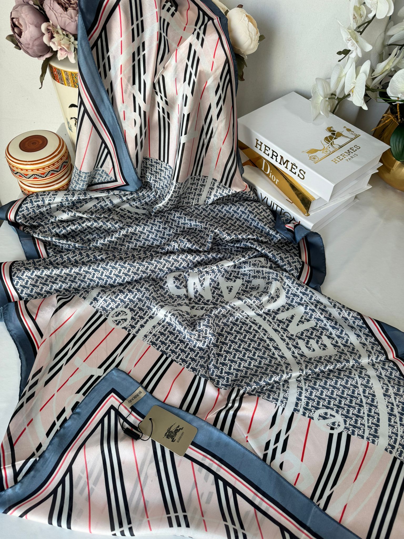 Burberry Çift Taraflı İthal Vual İpel Şal 78631 - Pudra - İndigo - Organic ScarfsOrganic Scarfs