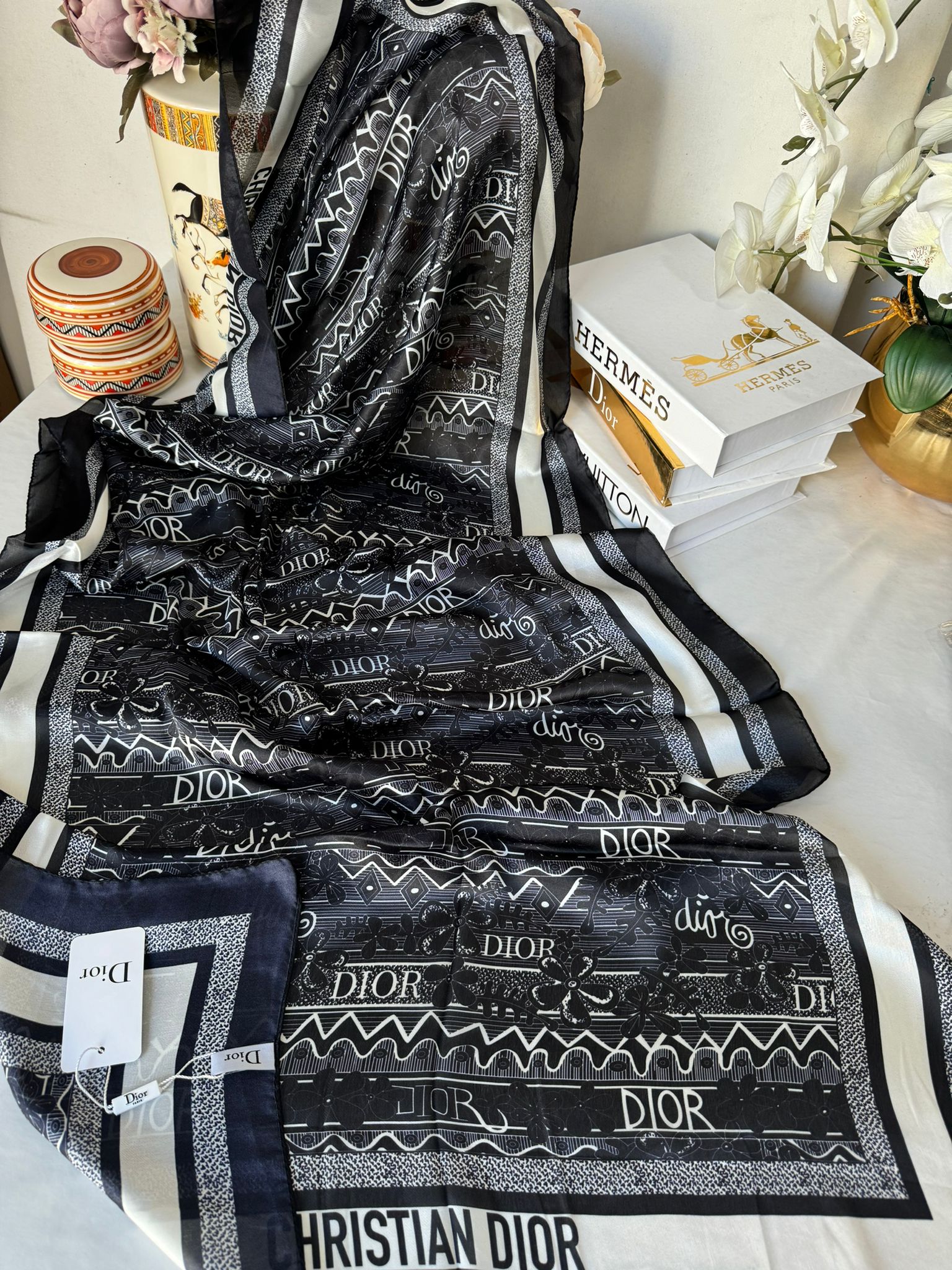 Dior Çift Taraflı İthal Vual İpel Şal 78632 - Lacivert - Siyah - Organic ScarfsOrganic Scarfs