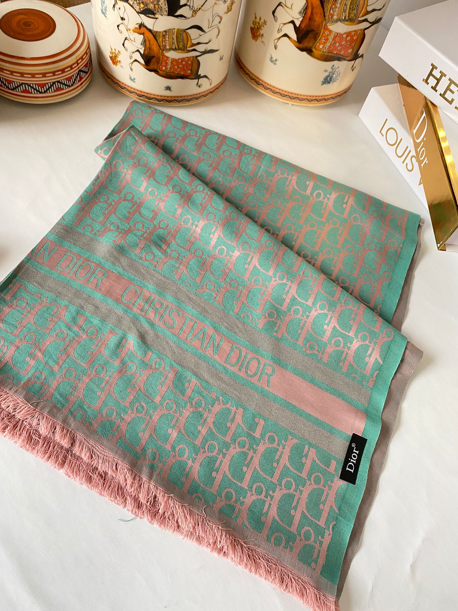 Dior Desenli İpek Kaşmir Çift Taraflı Şal 78002 - Mint - Organic ScarfsOrganic Scarfs