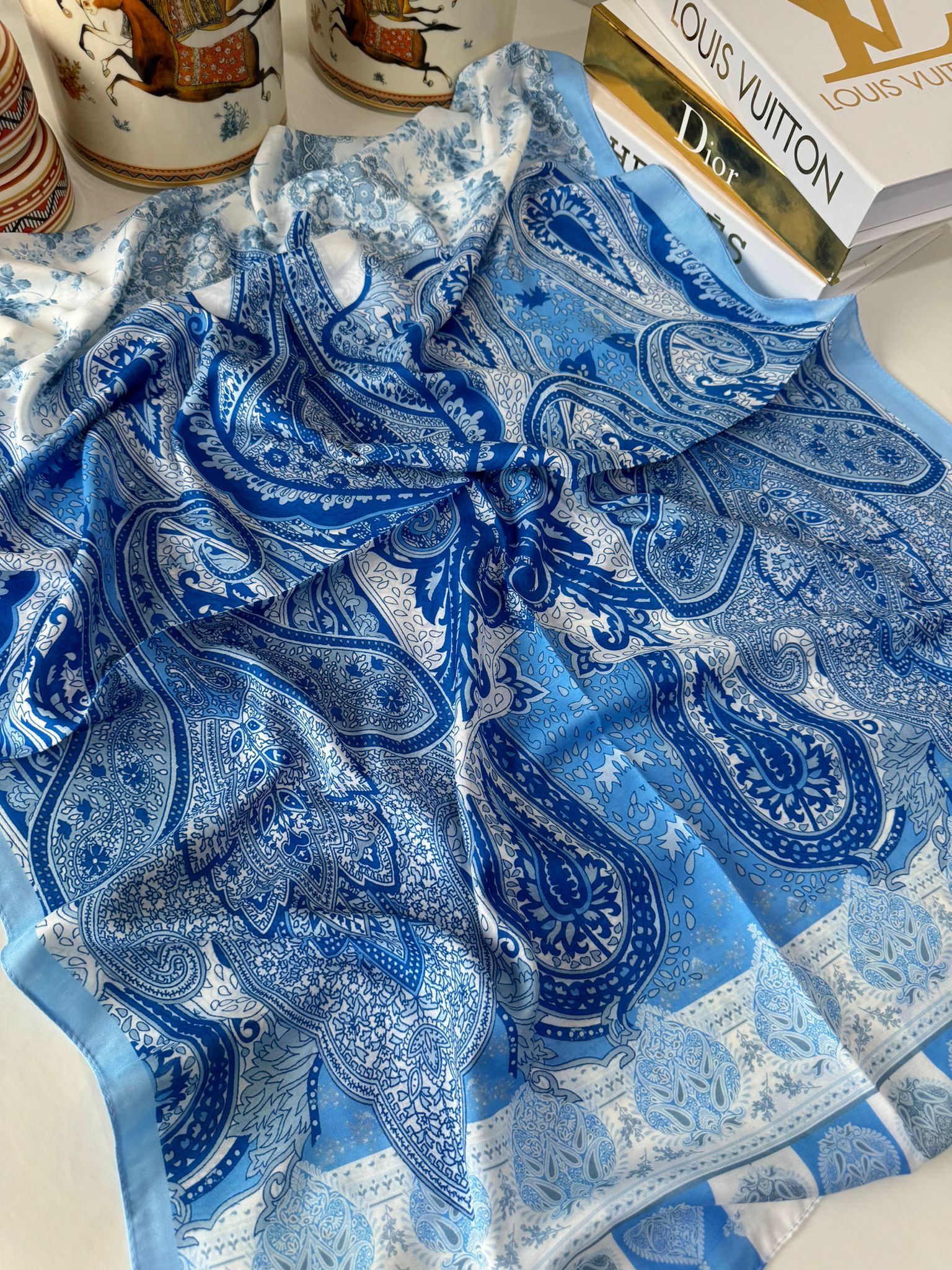 Etnik Etro Desen Pamuk Soft Şal 61534 - Bebe Mavisi - Organic ScarfsOrganic Scarfs