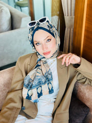 Etnik Etro Desen Pamuk Soft Şal 61534 - Gece Mavisi - Organic ScarfsOrganic Scarfs