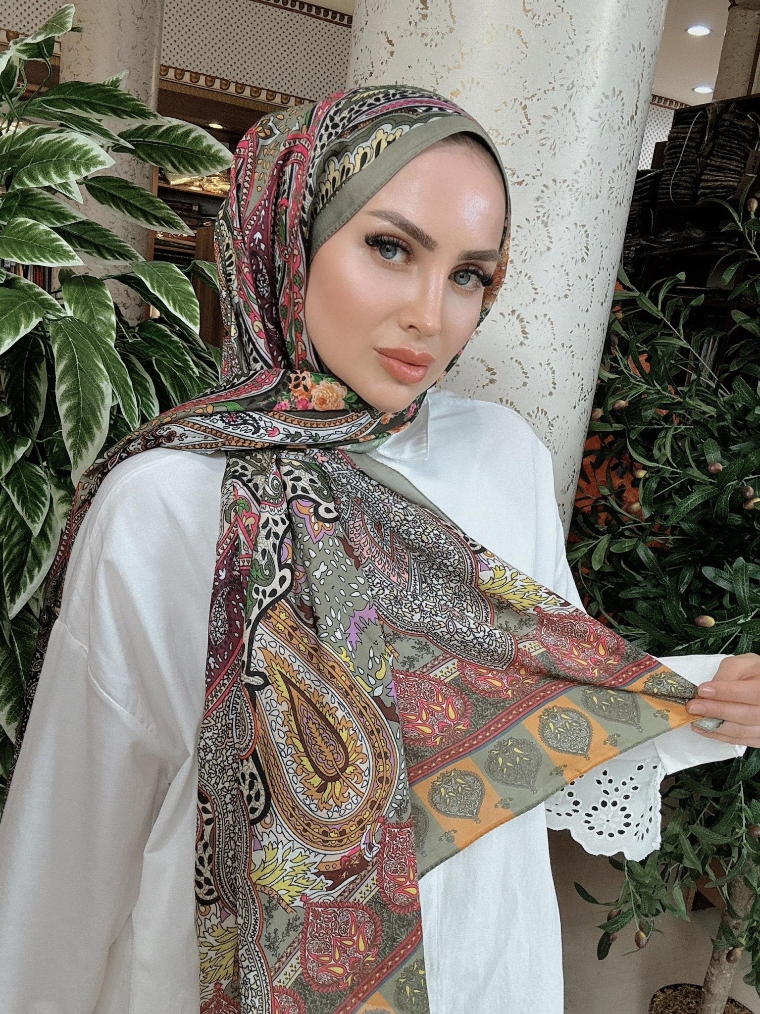 Etnik Etro Desen Pamuk Soft Şal 61534 - Haki - Organic ScarfsOrganic Scarfs