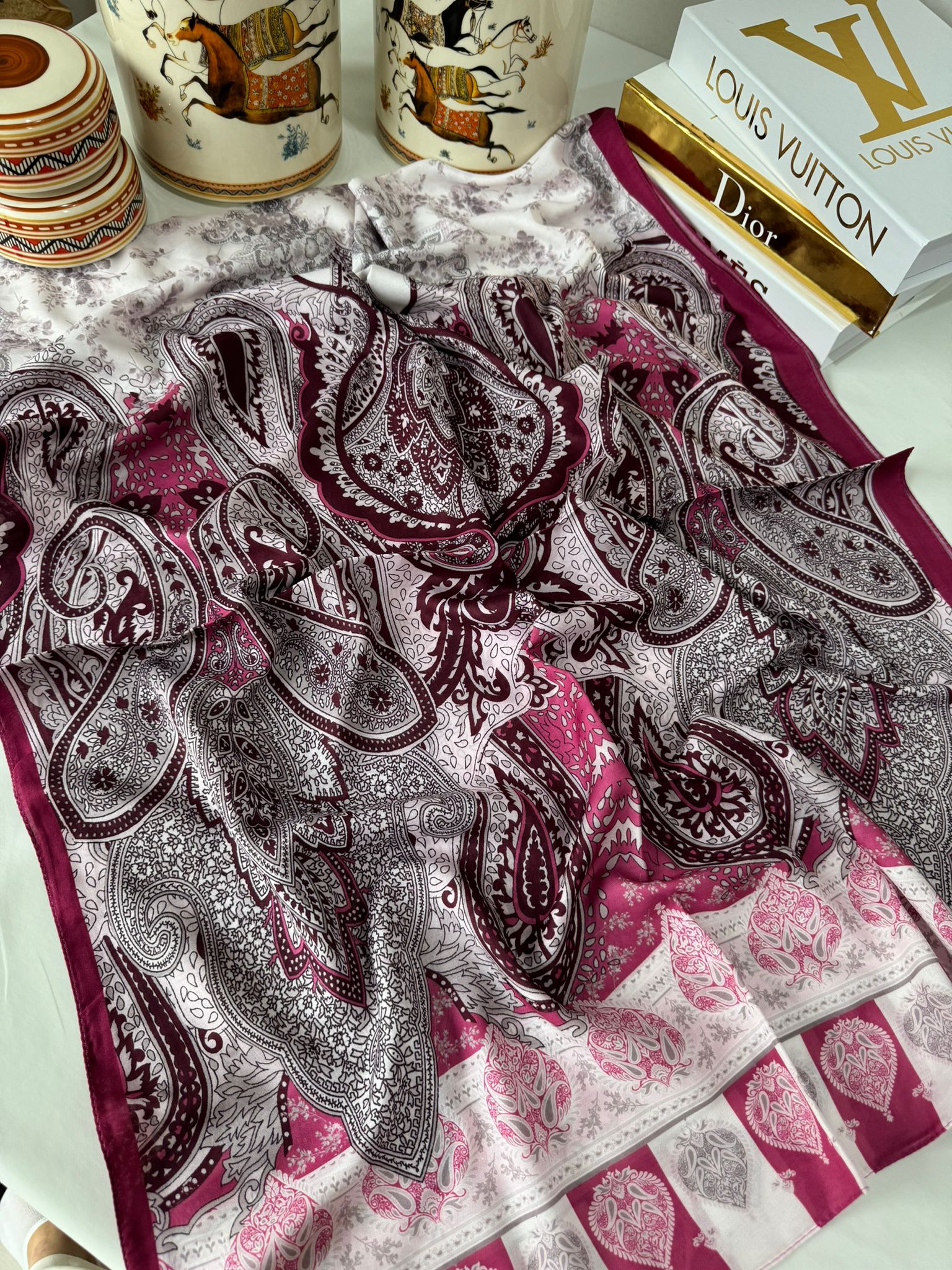 Etnik Etro Desen Pamuk Soft Şal 61534 - Mürdüm - Organic ScarfsOrganic Scarfs