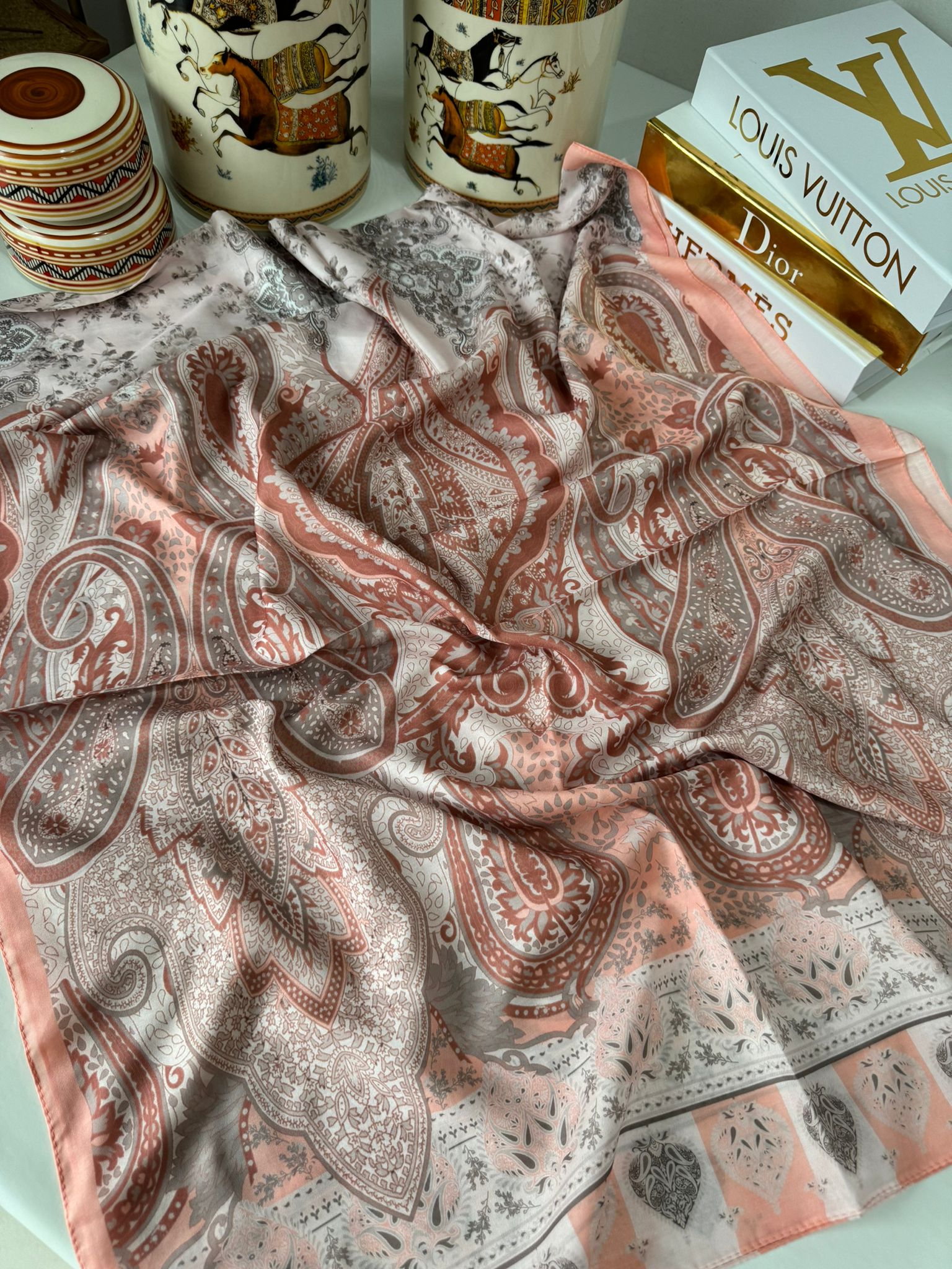 Etnik Etro Desen Pamuk Soft Şal 61534 - Soft Pudra - Organic ScarfsOrganic Scarfs