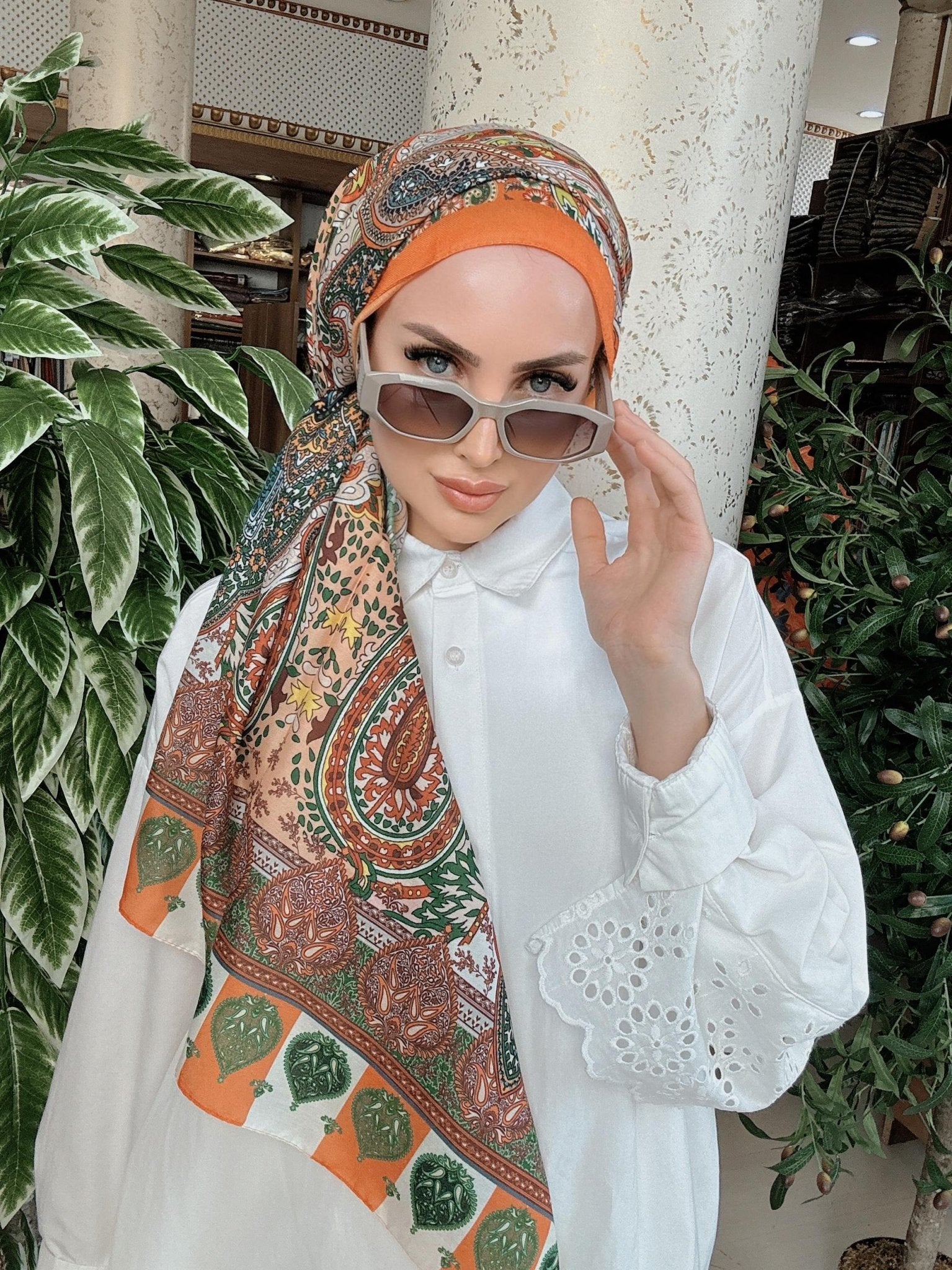 Etnik Etro Desen Pamuk Soft Şal 61534 - Turuncu - Organic ScarfsOrganic Scarfs