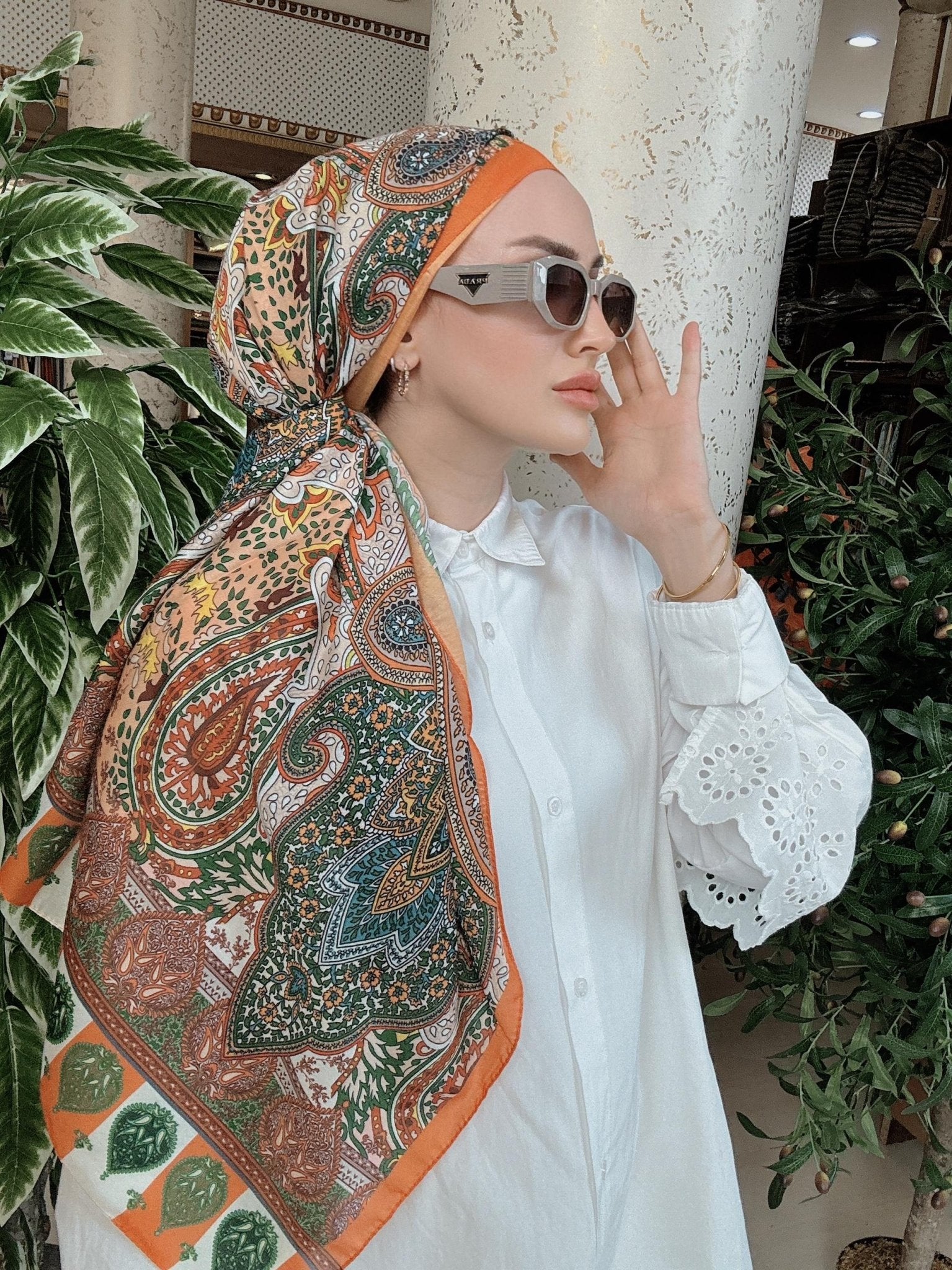 Etnik Etro Desen Pamuk Soft Şal 61534 - Turuncu - Organic ScarfsOrganic Scarfs