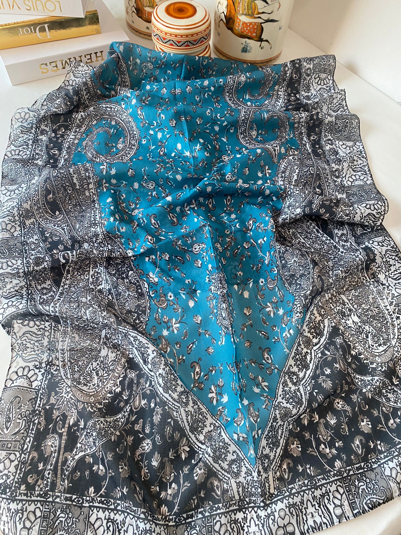 Etro Etnik Desen Pamuk Soft Şal 37631 - mavi/siyah - Organic ScarfsOrganic Scarfs