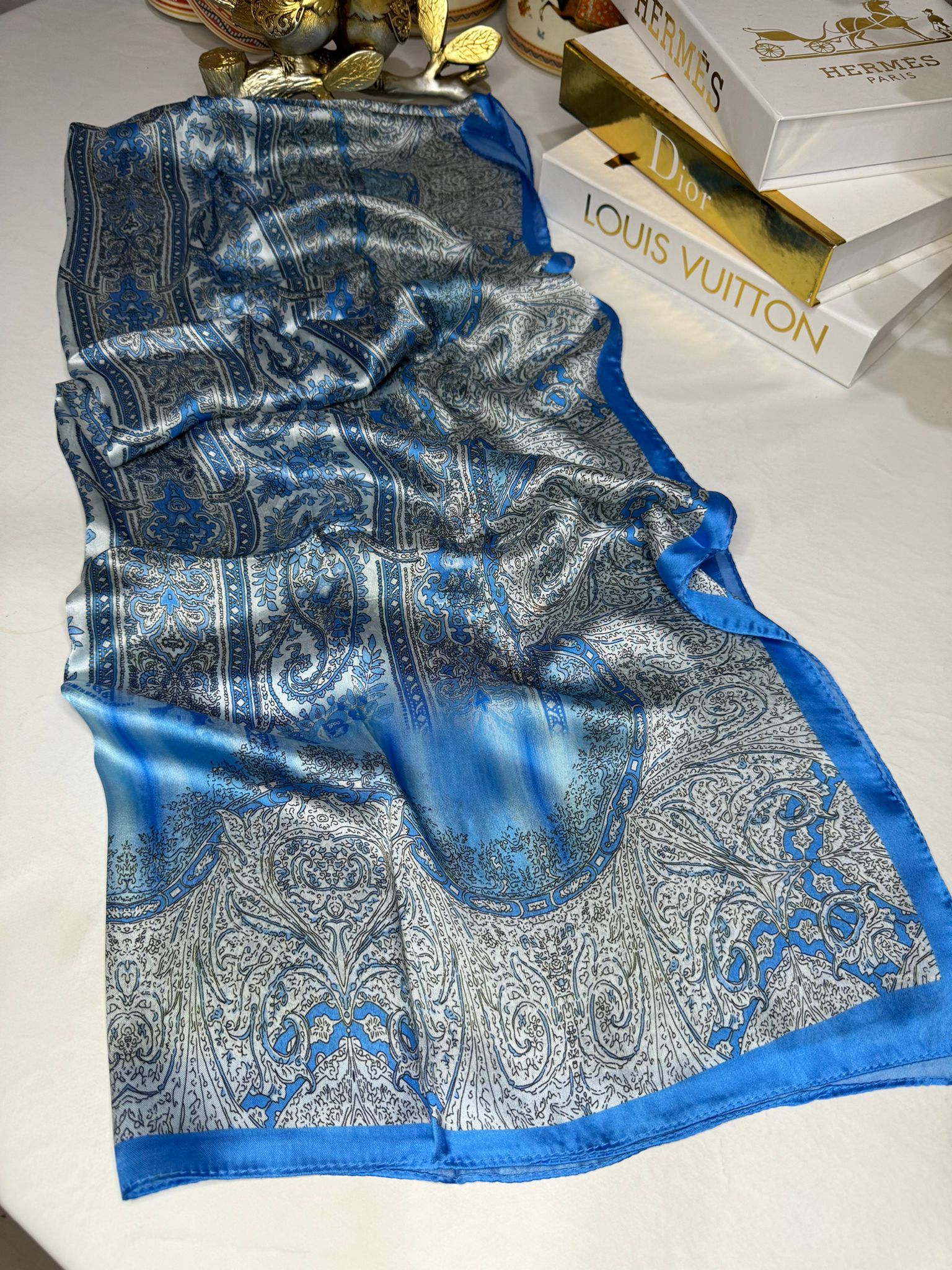 Etro Marka Yeni Sezon İthal Etnik Desen Vual İpek Şal - Bebe Mavisi - Organic ScarfsOrganic Scarfs
