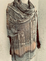 Etro Marka Yeni Sezon İthal Etnik Desen Vual İpek Şal - Bej - Organic ScarfsOrganic Scarfs