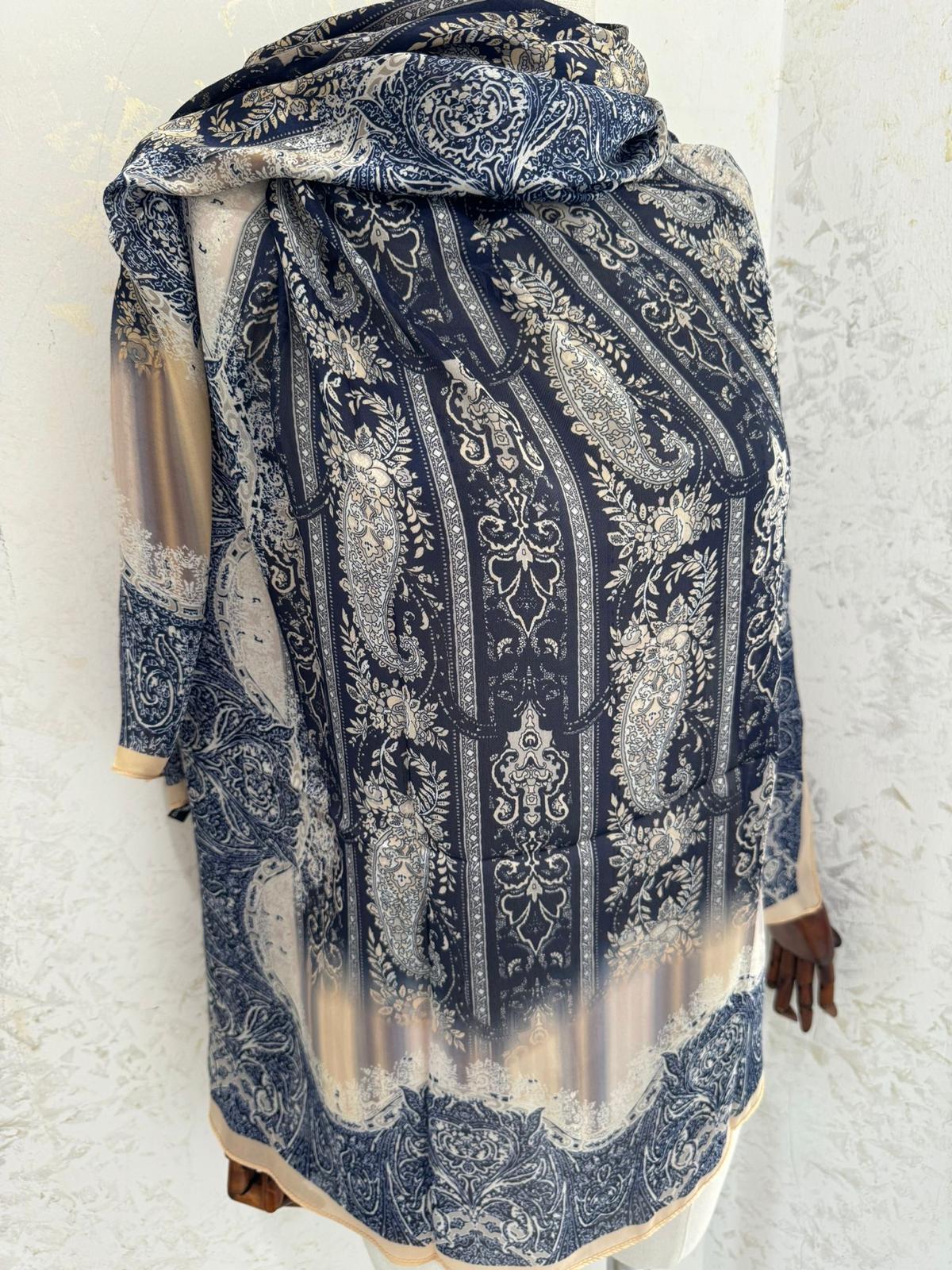 Etro Marka Yeni Sezon İthal Etnik Desen Vual İpek Şal - Gece Mavisi - Organic ScarfsOrganic Scarfs