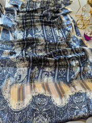 Etro Marka Yeni Sezon İthal Etnik Desen Vual İpek Şal - Gece Mavisi - Organic ScarfsOrganic Scarfs