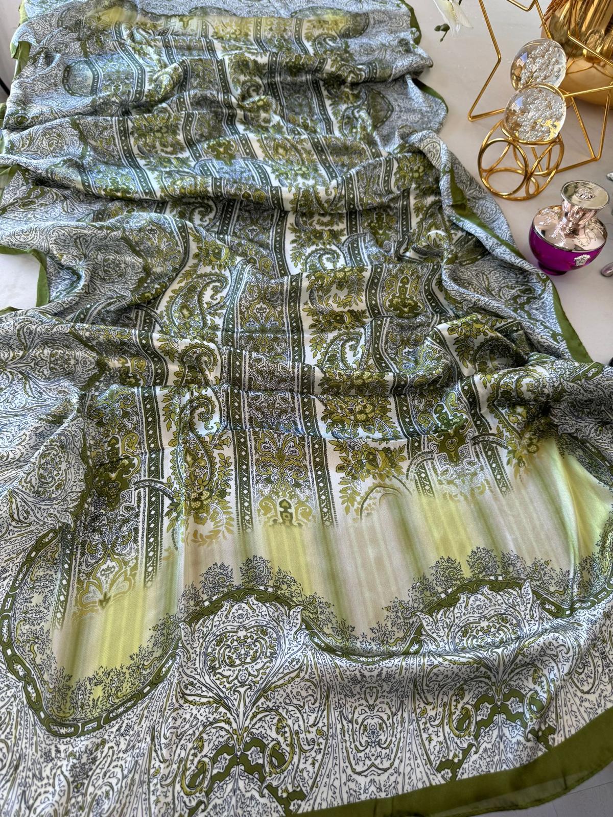 Etro Marka Yeni Sezon İthal Etnik Desen Vual İpek Şal - Haki - Organic ScarfsOrganic Scarfs