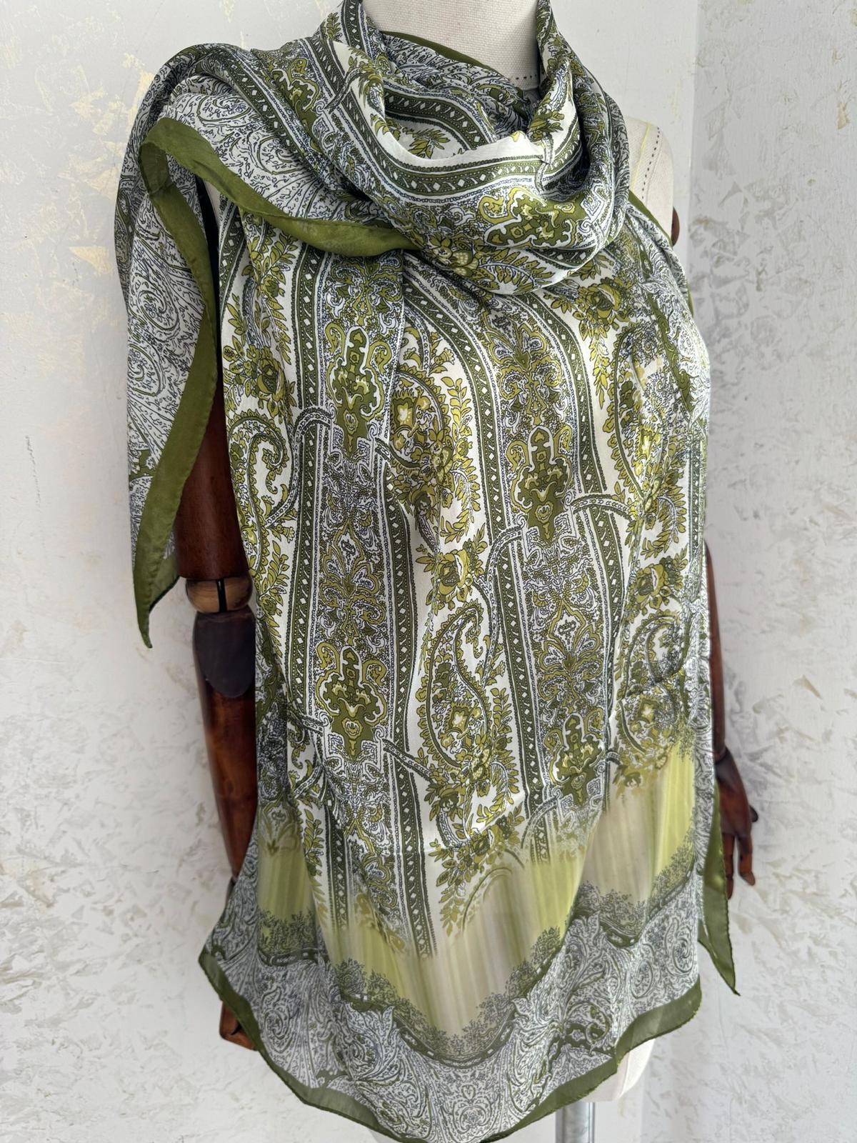 Etro Marka Yeni Sezon İthal Etnik Desen Vual İpek Şal - Haki - Organic ScarfsOrganic Scarfs