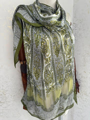 Etro Marka Yeni Sezon İthal Etnik Desen Vual İpek Şal - Haki - Organic ScarfsOrganic Scarfs