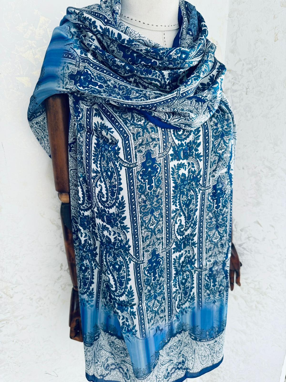 Etro Marka Yeni Sezon İthal Etnik Desen Vual İpek Şal - Lacivert - Organic ScarfsOrganic Scarfs