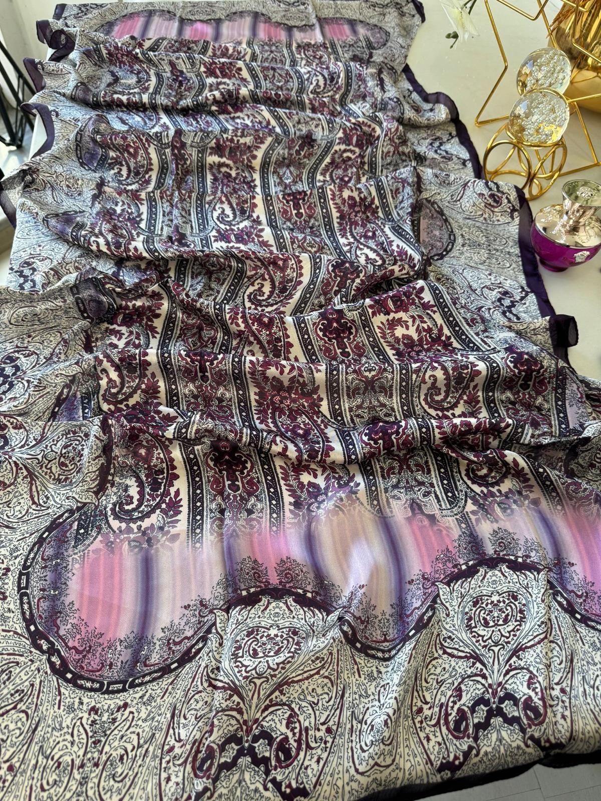 Etro Marka Yeni Sezon İthal Etnik Desen Vual İpek Şal - Mor - Organic ScarfsOrganic Scarfs