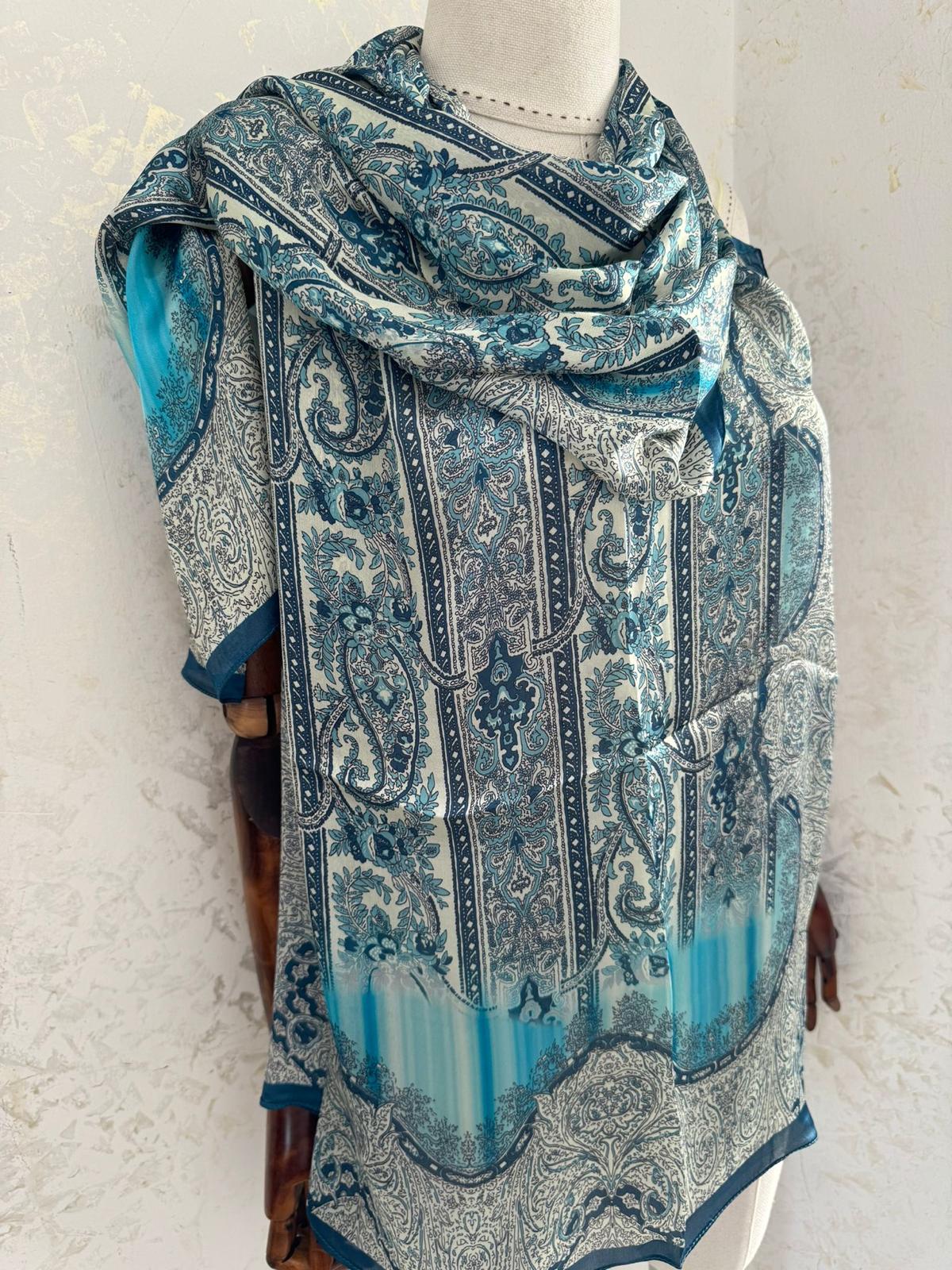 Etro Marka Yeni Sezon İthal Etnik Desen Vual İpek Şal - Petrol - Organic ScarfsOrganic Scarfs