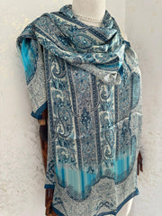 Etro Marka Yeni Sezon İthal Etnik Desen Vual İpek Şal - Petrol - Organic ScarfsOrganic Scarfs