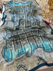 Etro Marka Yeni Sezon İthal Etnik Desen Vual İpek Şal - Petrol - Organic ScarfsOrganic Scarfs