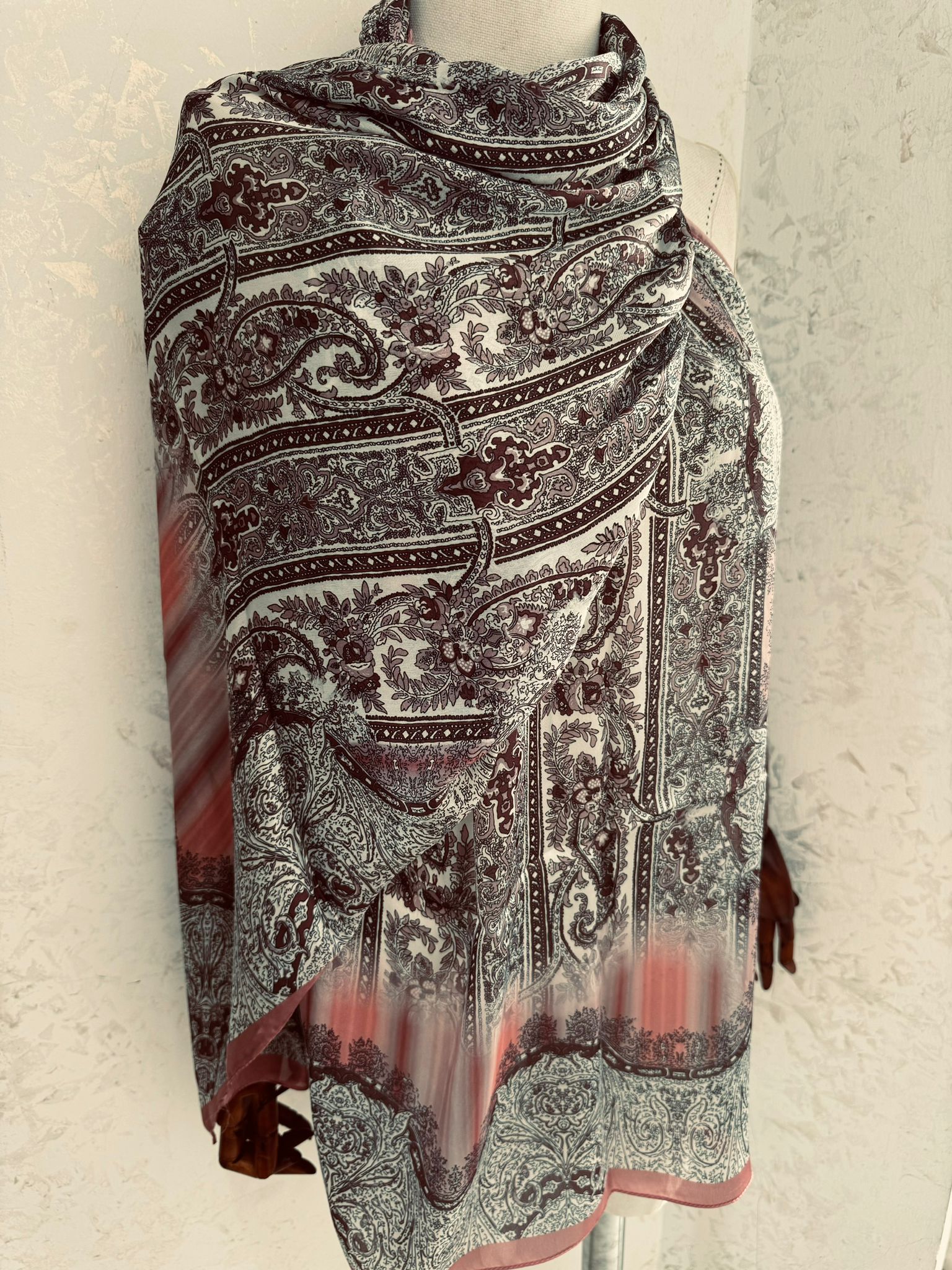 Etro Marka Yeni Sezon İthal Etnik Desen Vual İpek Şal - Vişne - Organic ScarfsOrganic Scarfs