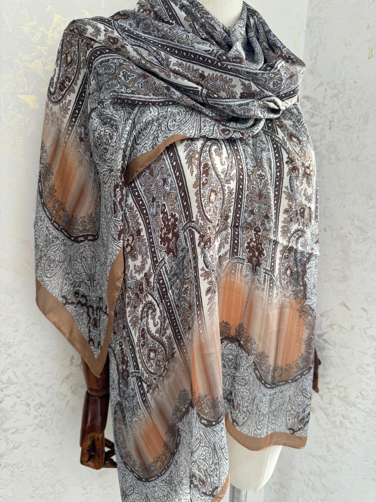 Etro Marka Yeni Sezon İthal Etnik Desen Vual İpek Şal - Vizon - Organic ScarfsOrganic Scarfs
