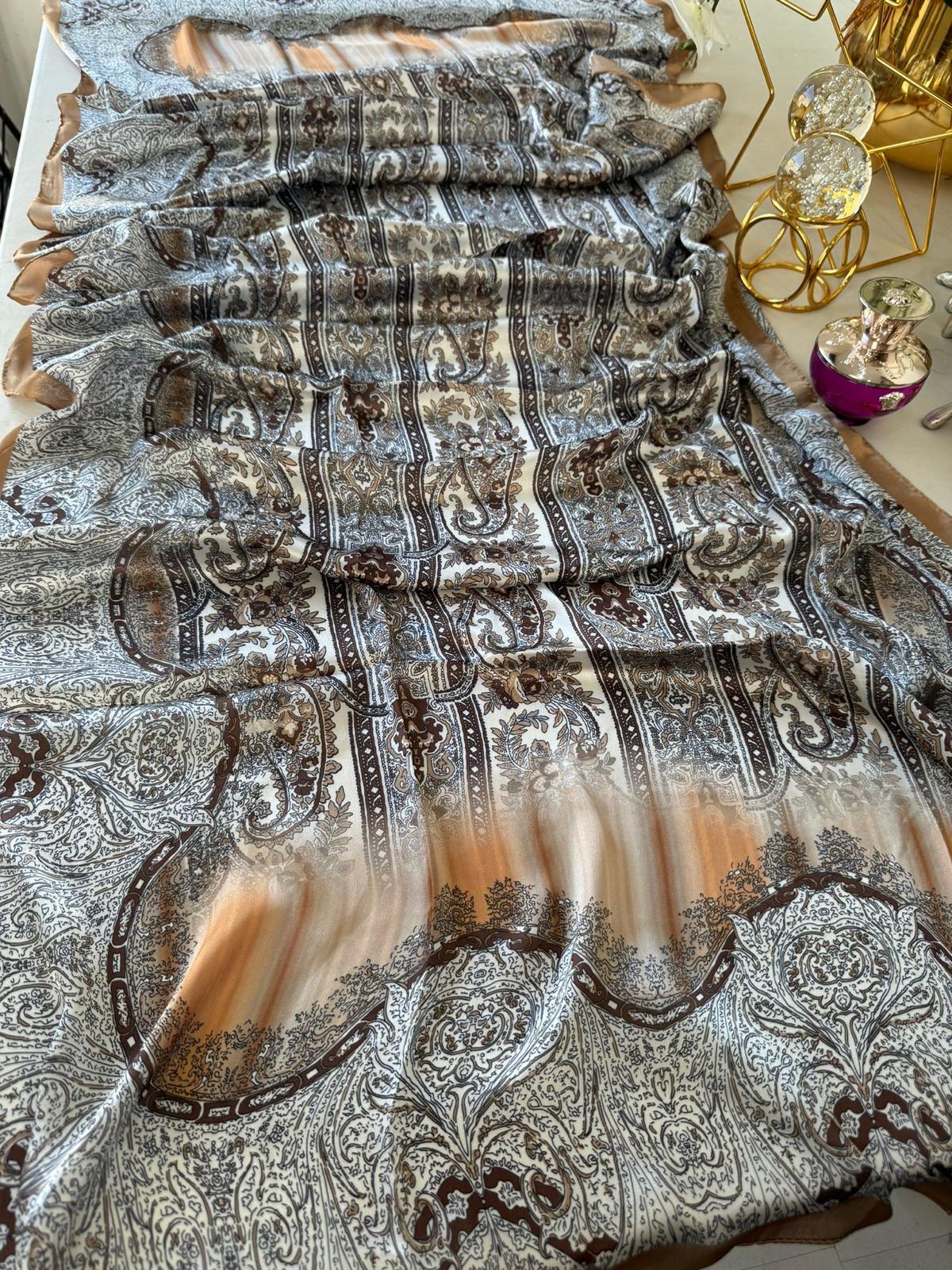 Etro Marka Yeni Sezon İthal Etnik Desen Vual İpek Şal - Vizon - Organic ScarfsOrganic Scarfs