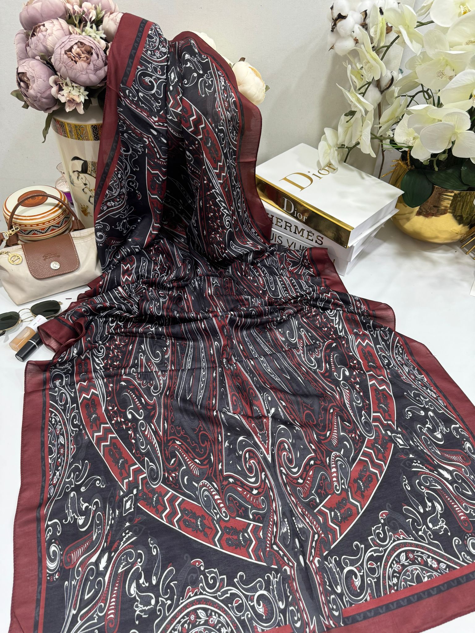 Etro Pamuk İpek Şal 52340 - Bordo - Organic ScarfsOrganic Scarfs