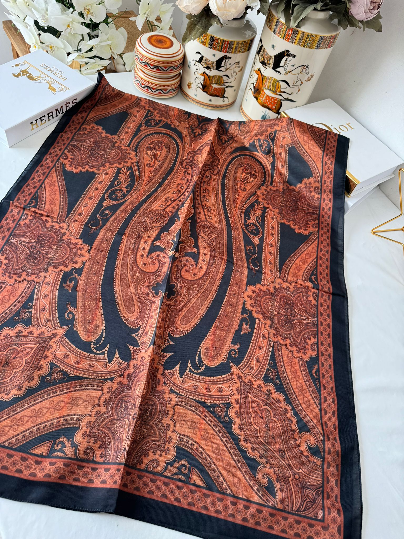 Etro Pamuk İpek Şal - 987654 KİREMİT/SİYAH - Organic ScarfsOrganic Scarfs