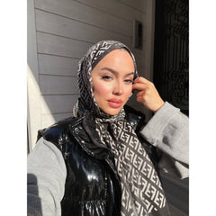 F Desenli İpek Kaşmir Çift Taraflı Şal 78001 - Gri - Siyah - Organic ScarfsOrganic Scarfs