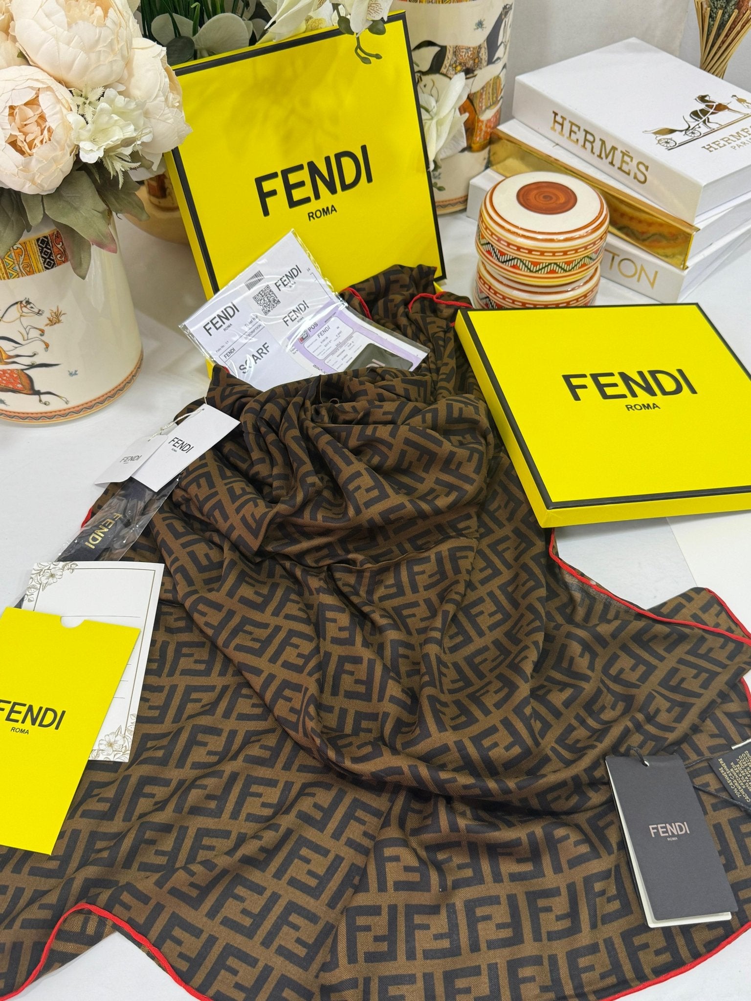 İTHAL A+ Fendi Yün İpek Çift Taraflı Marka Şal 87478 - Bordo - Organic ScarfsOrganic Scarfs