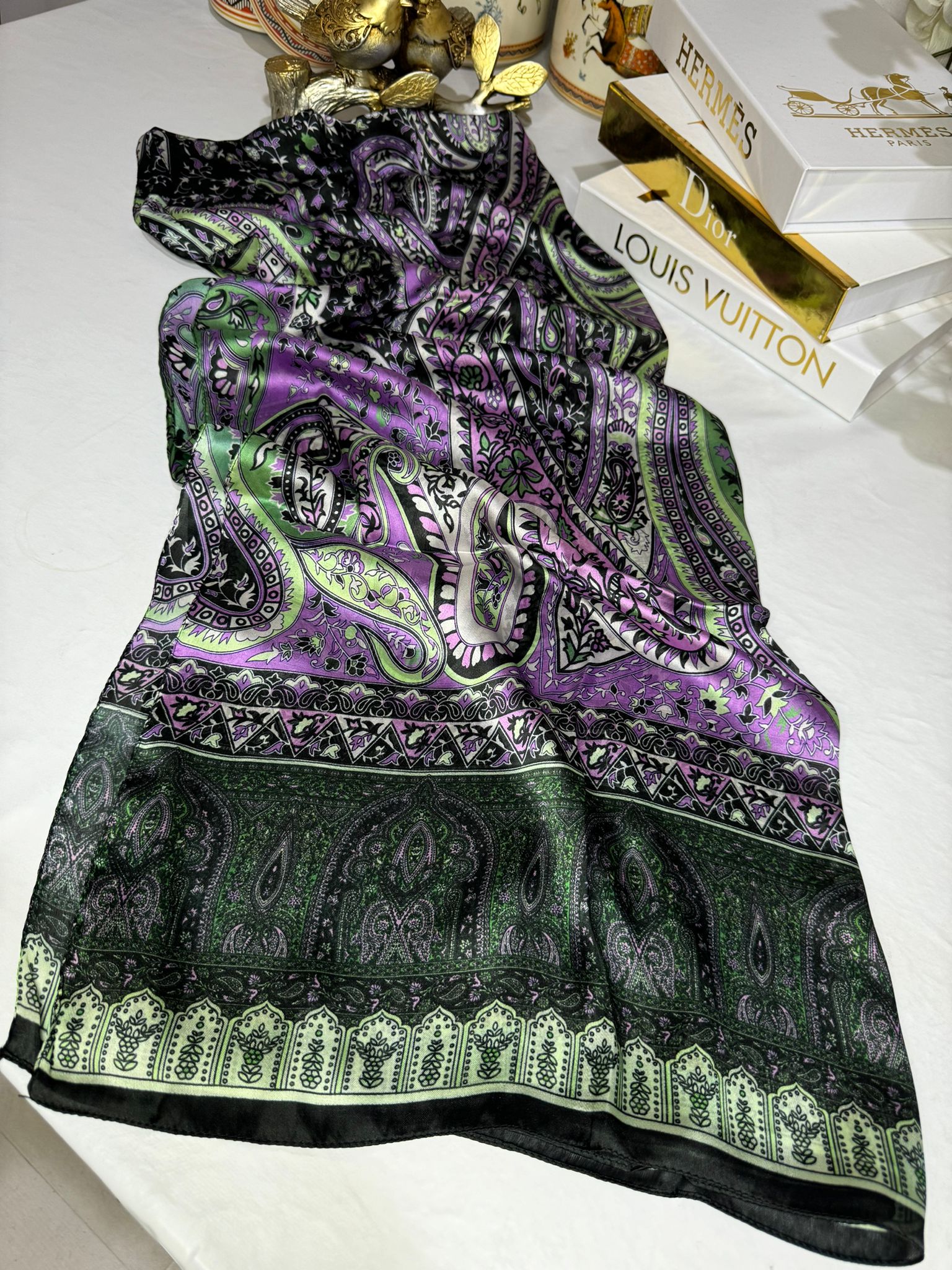 İthal Etro Desen Hint Vual İpek Şal - Mor/Yeşil - Organic ScarfsOrganic Scarfs