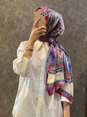 İthal Etro Yeni Sezon İthal Etnik Desen Vual İpek Şal 10041 - Fuşya - Organic ScarfsOrganic Scarfs