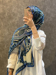 İthal Etro Yeni Sezon İthal Etnik Desen Vual İpek Şal 10041 - Gece Mavisi - Organic ScarfsOrganic Scarfs