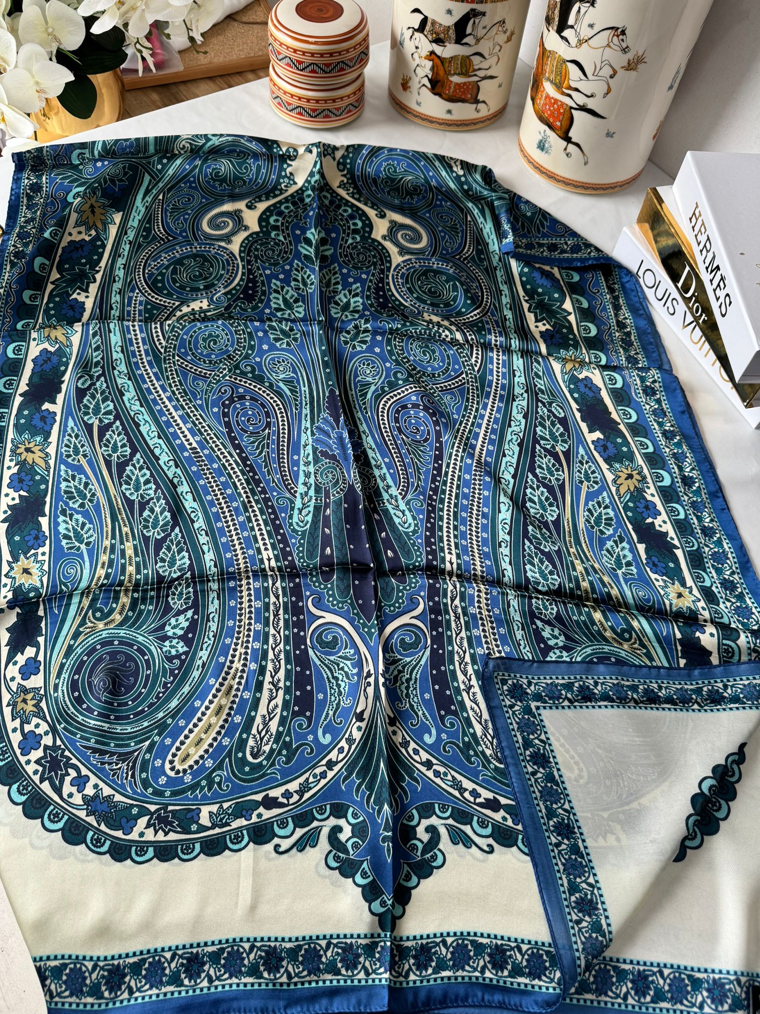 İthal Etro Yeni Sezon İthal Etnik Desen Vual İpek Şal 10041 - Gece Mavisi - Organic ScarfsOrganic Scarfs