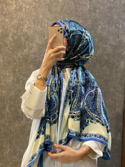 İthal Etro Yeni Sezon İthal Etnik Desen Vual İpek Şal 10041 - Gece Mavisi - Organic ScarfsOrganic Scarfs