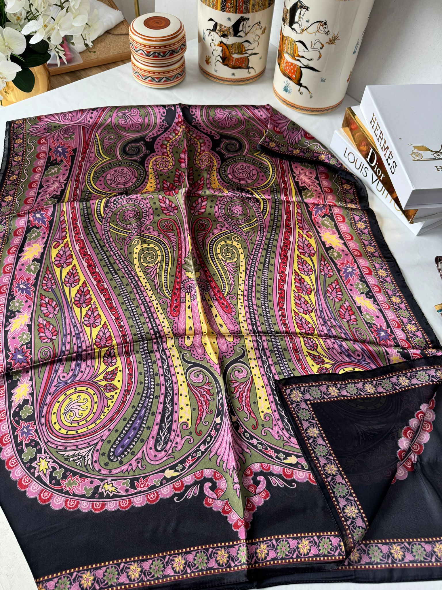 İthal Etro Yeni Sezon İthal Etnik Desen Vual İpek Şal 10041 - Gül Kurusu - Organic ScarfsOrganic Scarfs