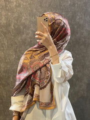 İthal Etro Yeni Sezon İthal Etnik Desen Vual İpek Şal 10041 - Karamel - Organic ScarfsOrganic Scarfs
