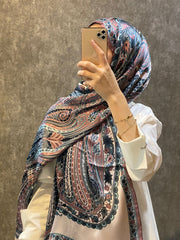 İthal Etro Yeni Sezon İthal Etnik Desen Vual İpek Şal 10041 - Koyu Vizon - Organic ScarfsOrganic Scarfs