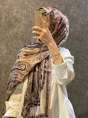 İthal Etro Yeni Sezon İthal Etnik Desen Vual İpek Şal 10041 - Vizon - Organic ScarfsOrganic Scarfs