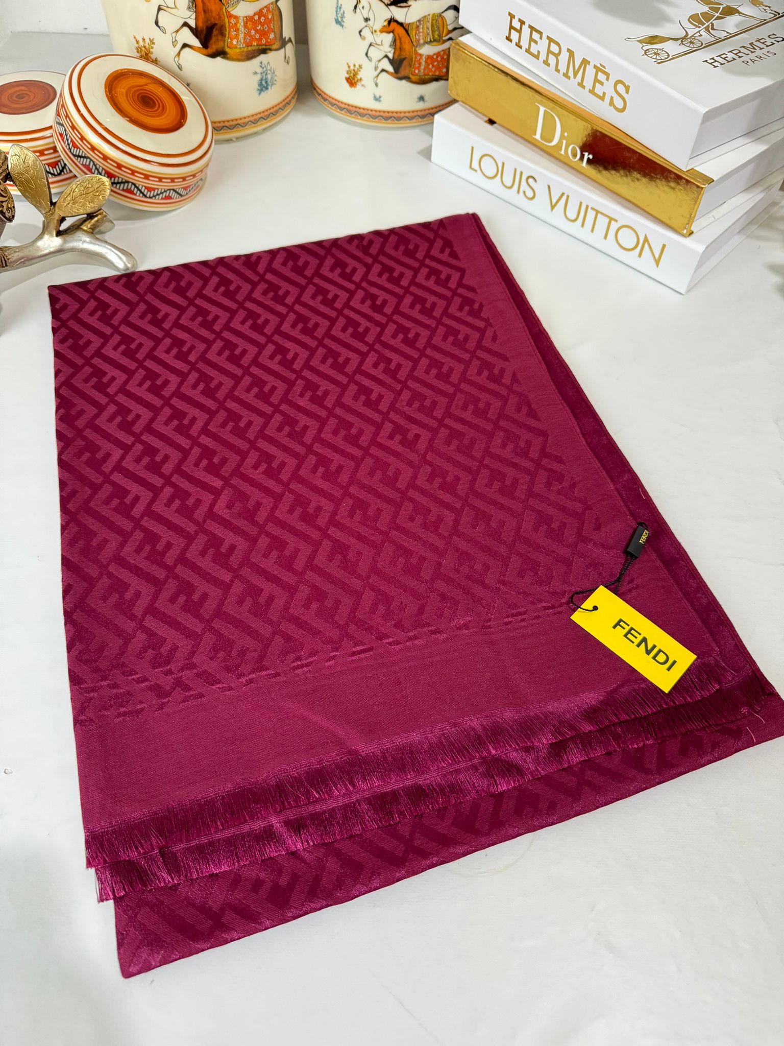 İthal Fendi Kaşmir İpek Şal 49101 - Bordo - Organic ScarfsOrganic Scarfs