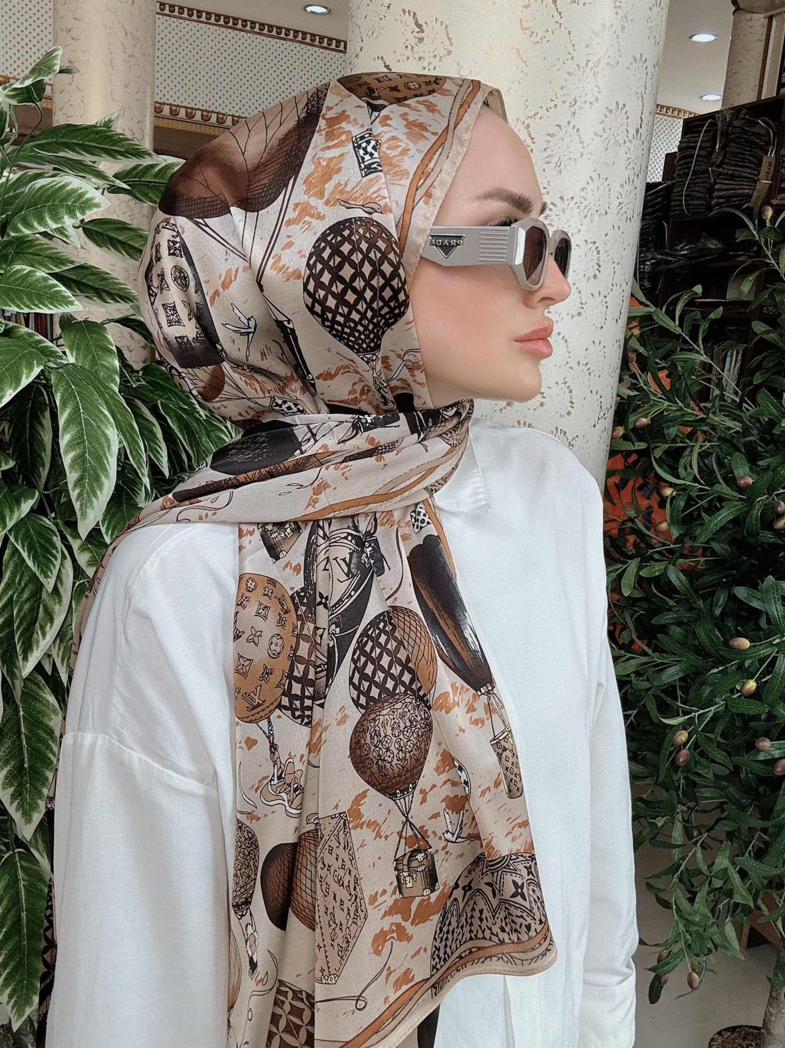 LV DESEN İTHAL VUAL İPEK ŞAL 15801 - KAHVE - Organic ScarfsOrganic Scarfs