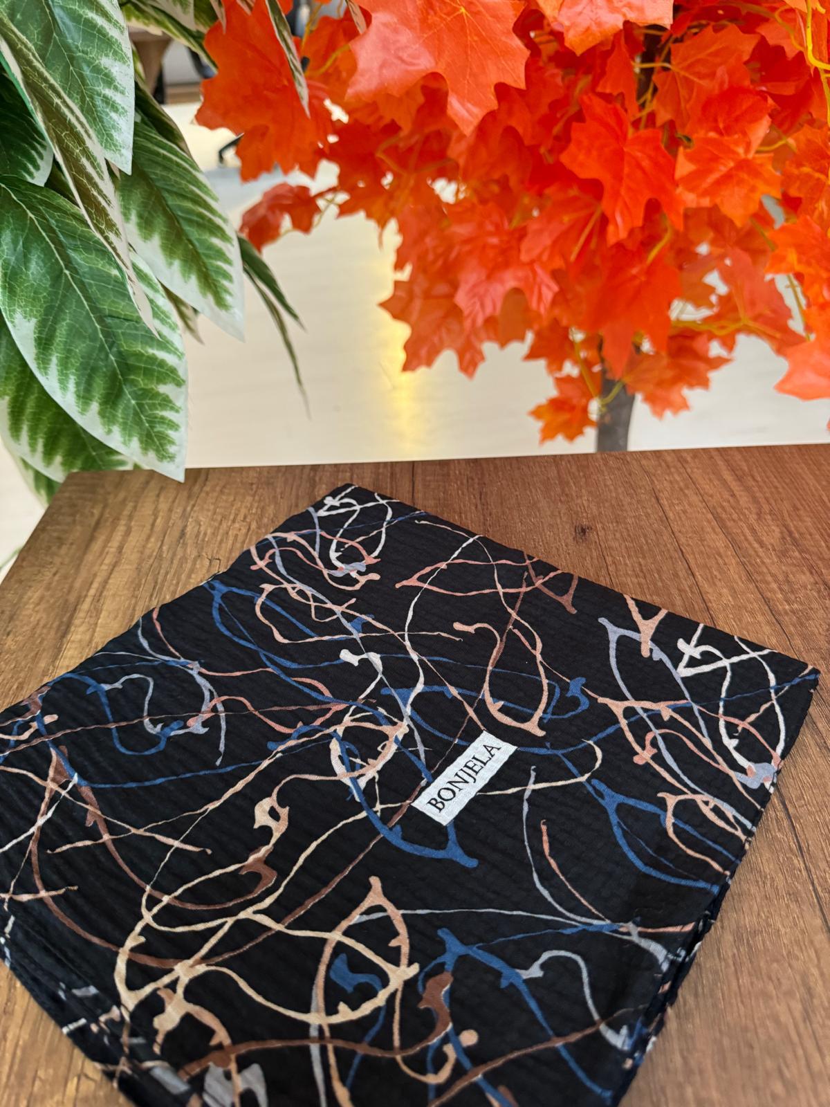 Sulu Boya Desenli Mio Cazz Eşarp 61018 - Siyah/Vizon - Organic ScarfsOrganic Scarfs
