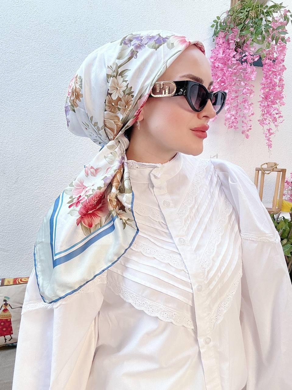 Vakko Çiçek Desen Eşarp - Mavi - Organic ScarfsOrganic Scarfs