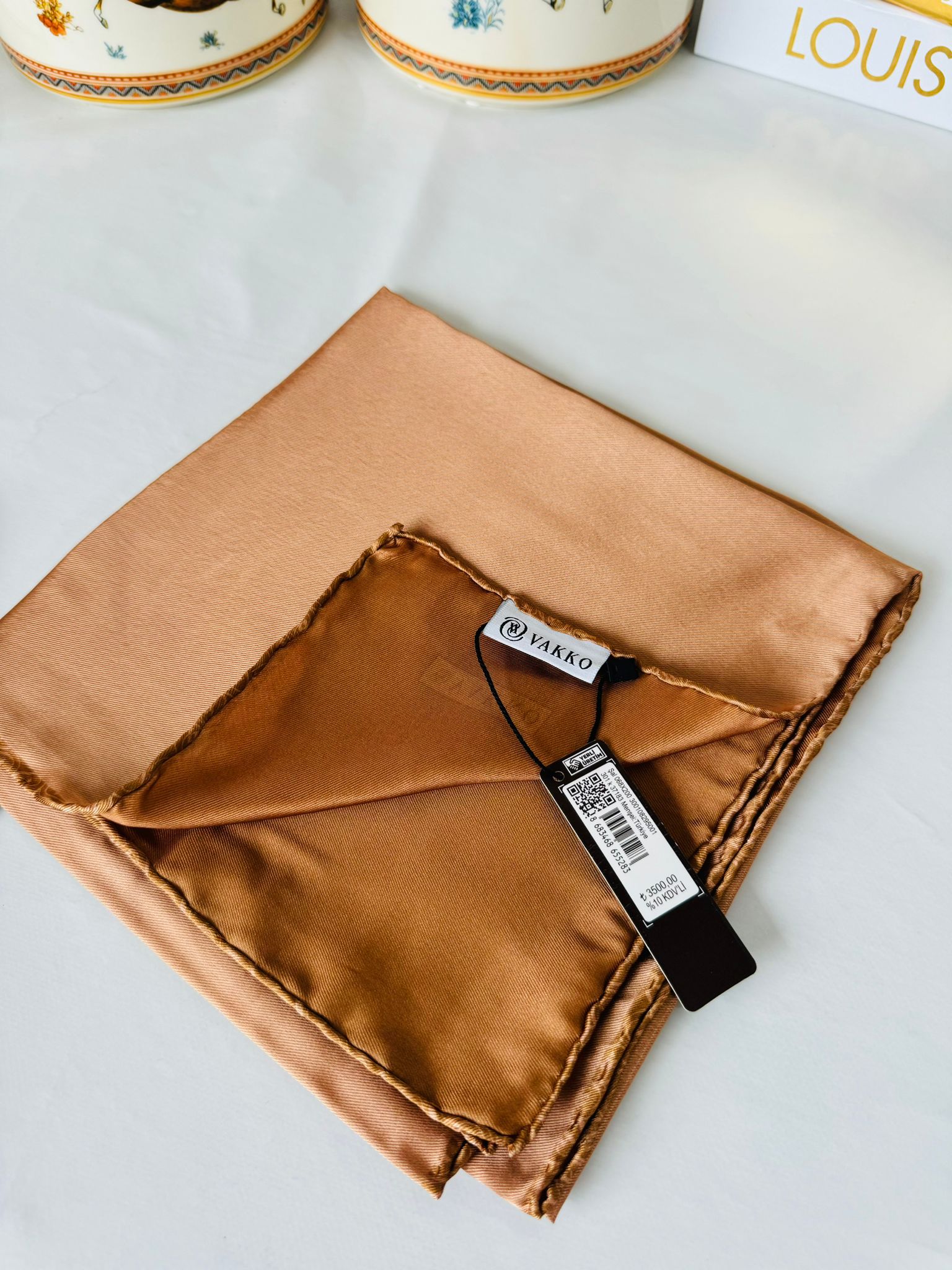Vakko Çift Taraflı 12 mm %100 İpek Eşarp 10044 - Caramel/ Taba - Organic ScarfsOrganic Scarfs