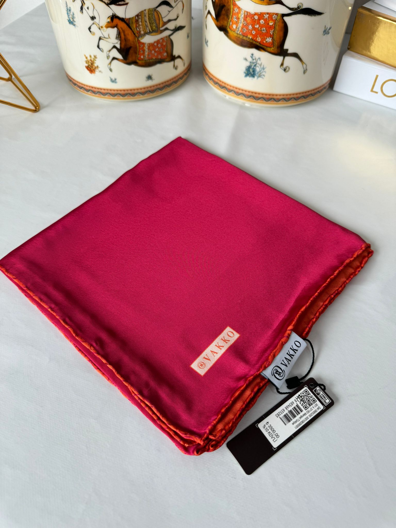 Vakko Çift Taraflı 12 mm %100 İpek Eşarp 10044 - Fuşya / Turuncu - Organic ScarfsOrganic Scarfs