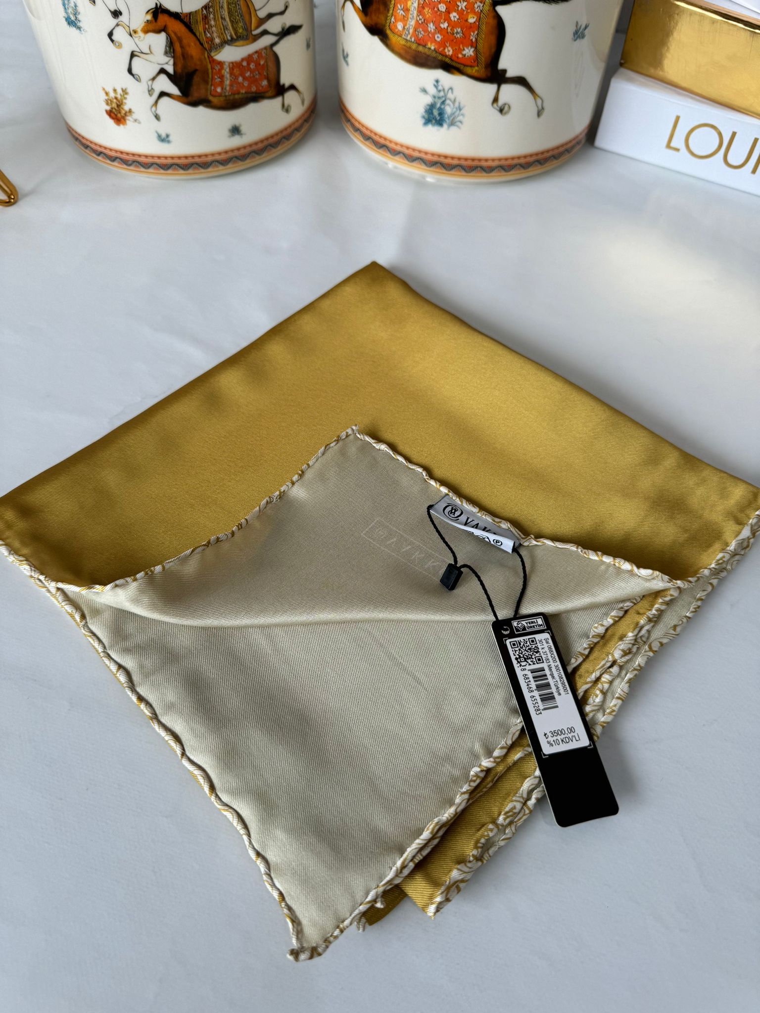 Vakko Çift Taraflı 12 mm %100 İpek Eşarp 10044 - Gold /Bej - Organic ScarfsOrganic Scarfs