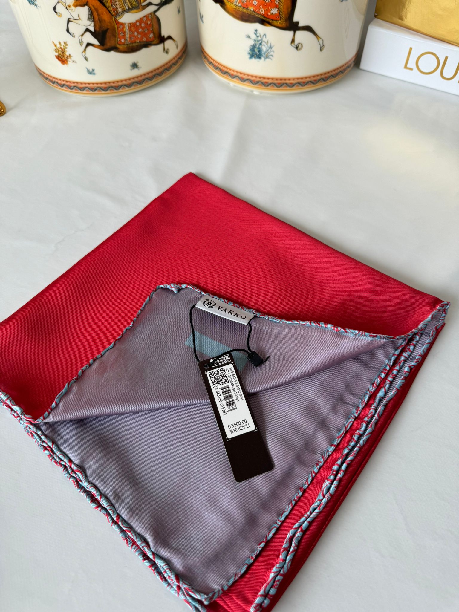 Vakko Çift Taraflı 12 mm %100 İpek Eşarp 10044 - Kırmızı/ Gri - Organic ScarfsOrganic Scarfs
