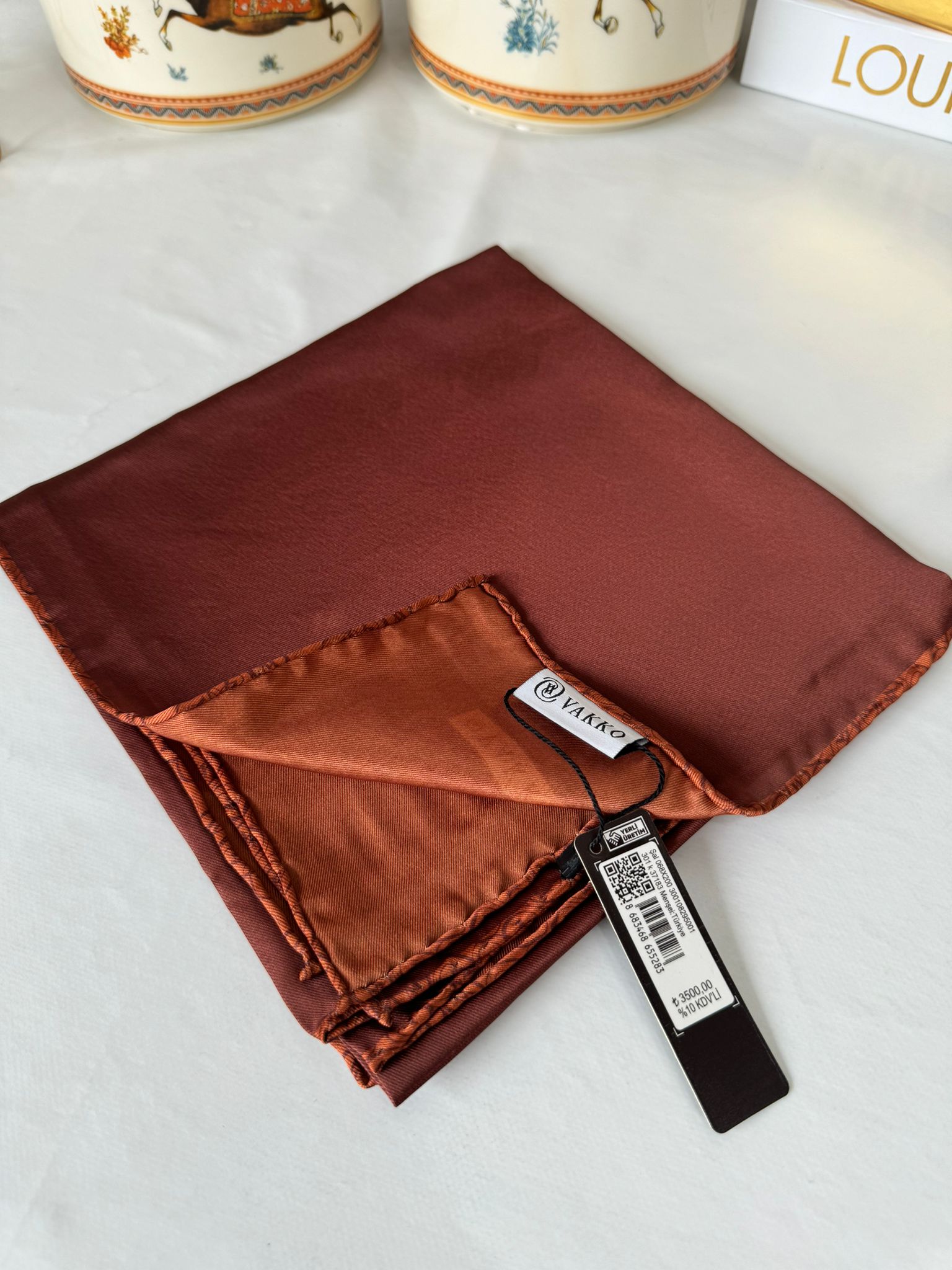 Vakko Çift Taraflı 12 mm %100 İpek Eşarp 10044 - Kızıl Kahve/ Kiremit - Organic ScarfsOrganic Scarfs