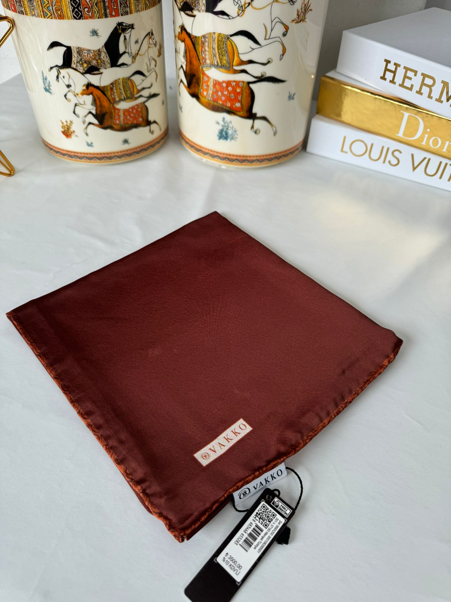 Vakko Çift Taraflı 12 mm %100 İpek Eşarp 10044 - Kızıl Kahve/ Kiremit - Organic ScarfsOrganic Scarfs
