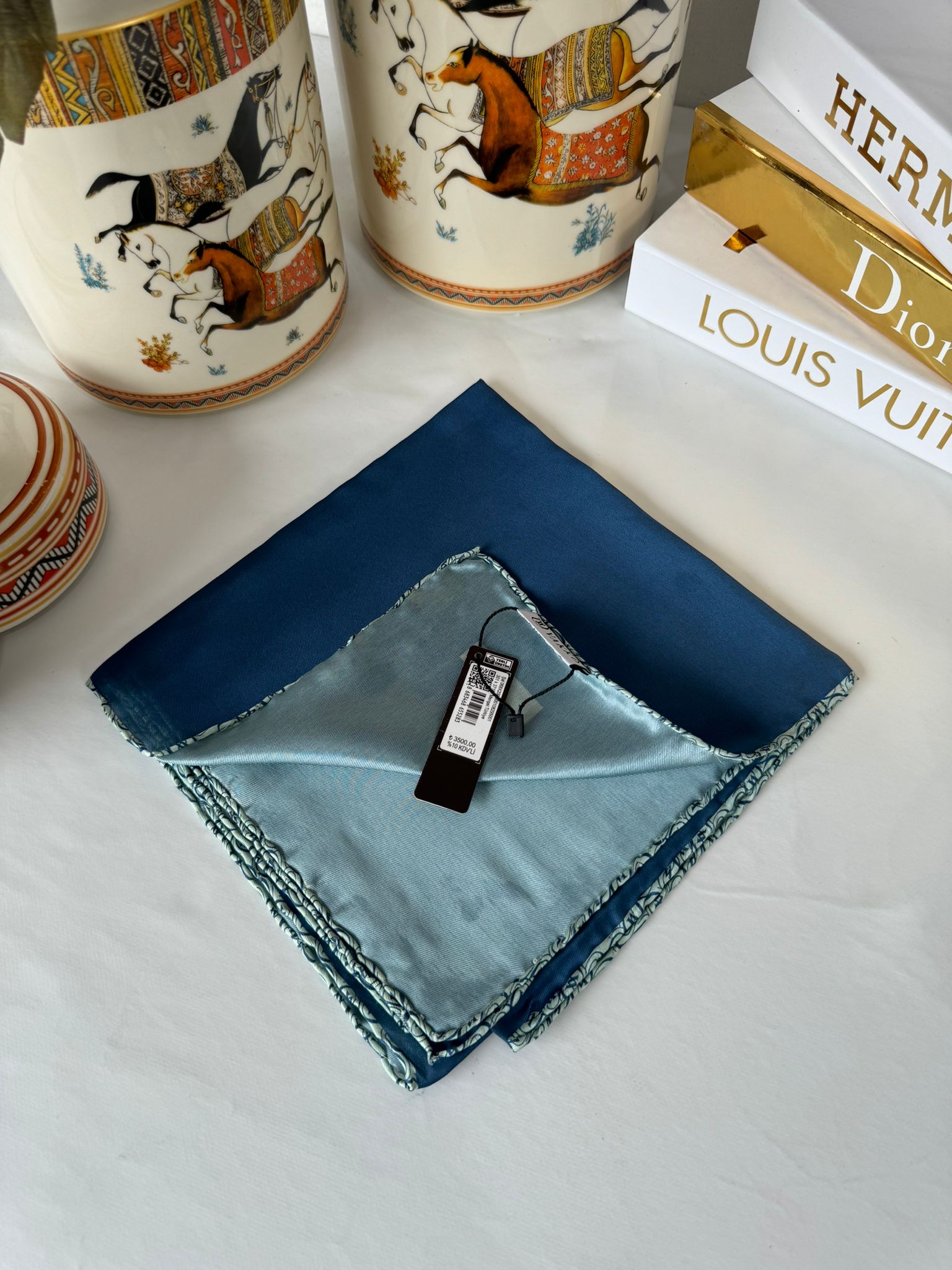 Vakko Çift Taraflı 12 mm %100 İpek Eşarp 10044 - Lacivert / Gümüş - Organic ScarfsOrganic Scarfs